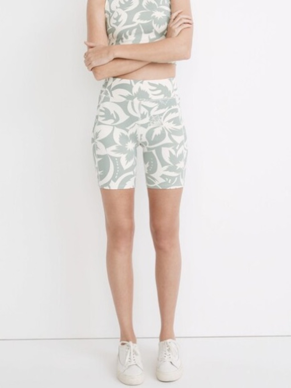 Madewell MWL High Rise 7" Biker Shorts, Green & Cream Tropicale Floral – XXS
